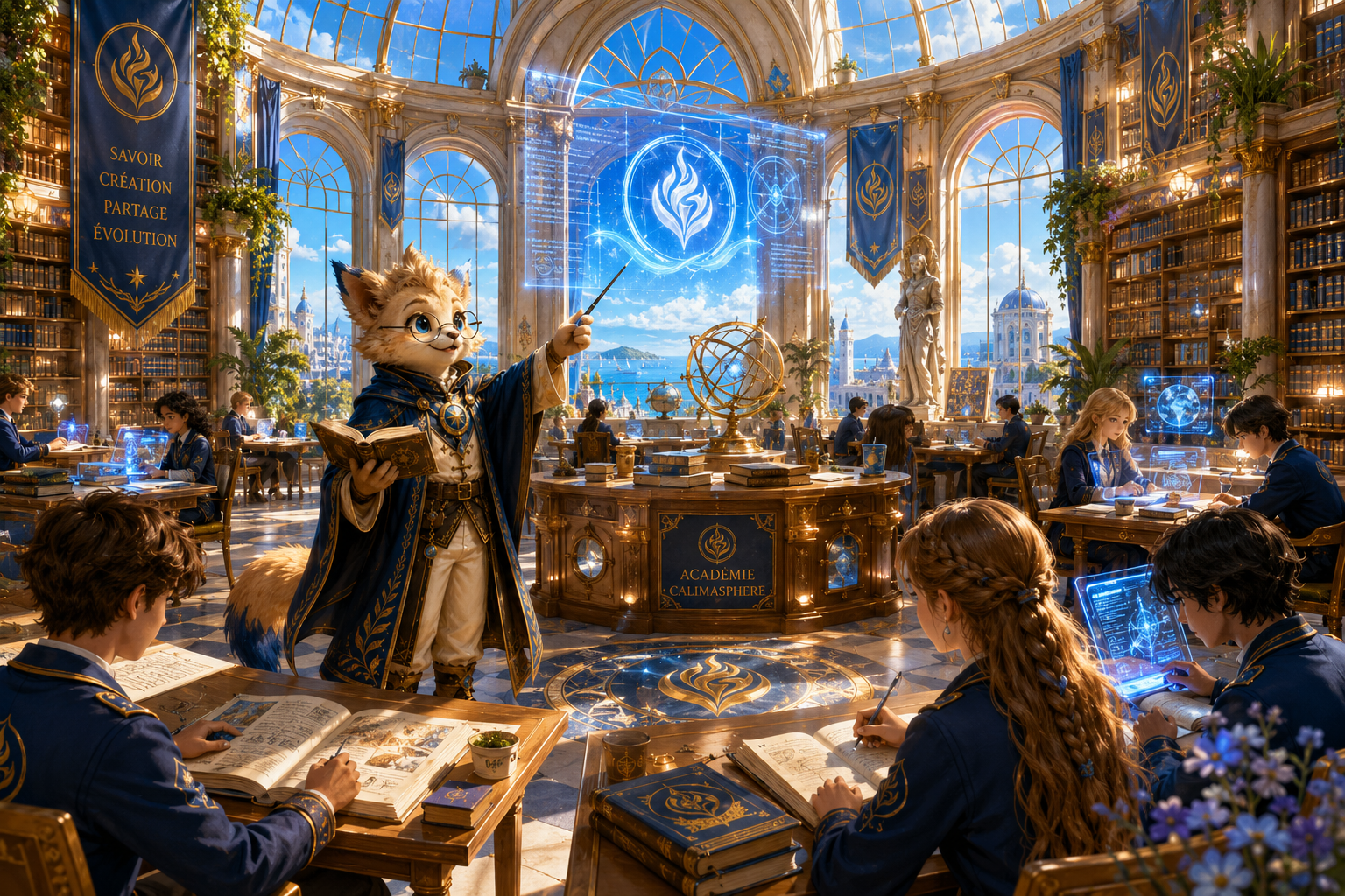 Maëstris dans la Bibliothèque des Lumières entouré d'étudiants et d'hologrammes éducatifs.