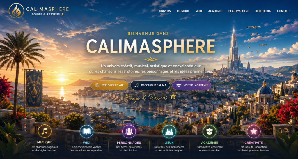 Image d'accueil officielle de CalimaSphere représentant l'univers créatif, musical, artistique et encyclopédique de CalimaSphere.