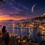 Panorama nocturne de CalimaSphere avec ville côtière méditerranéenne futuriste, port illuminé et ciel étoilé.