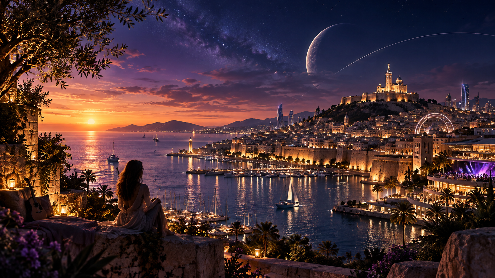 Panorama nocturne de CalimaSphere avec ville côtière méditerranéenne futuriste, port illuminé et ciel étoilé.