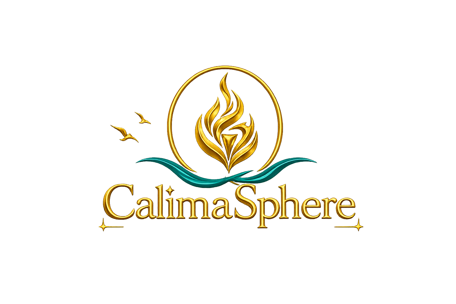Logo officiel de CalimaSphere composé d'une flamme dorée entourée d'un cercle d'or, d'une vague turquoise symbolisant l'exploration et le voyage, et du nom CalimaSphere en lettres dorées.