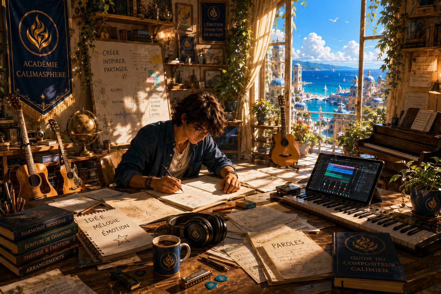 Compositeur travaillant sur une chanson avec instruments traditionnels et numériques.
