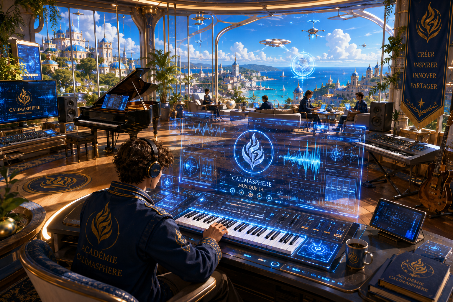 Studio musical futuriste utilisant l'intelligence artificielle pour créer de la musique.