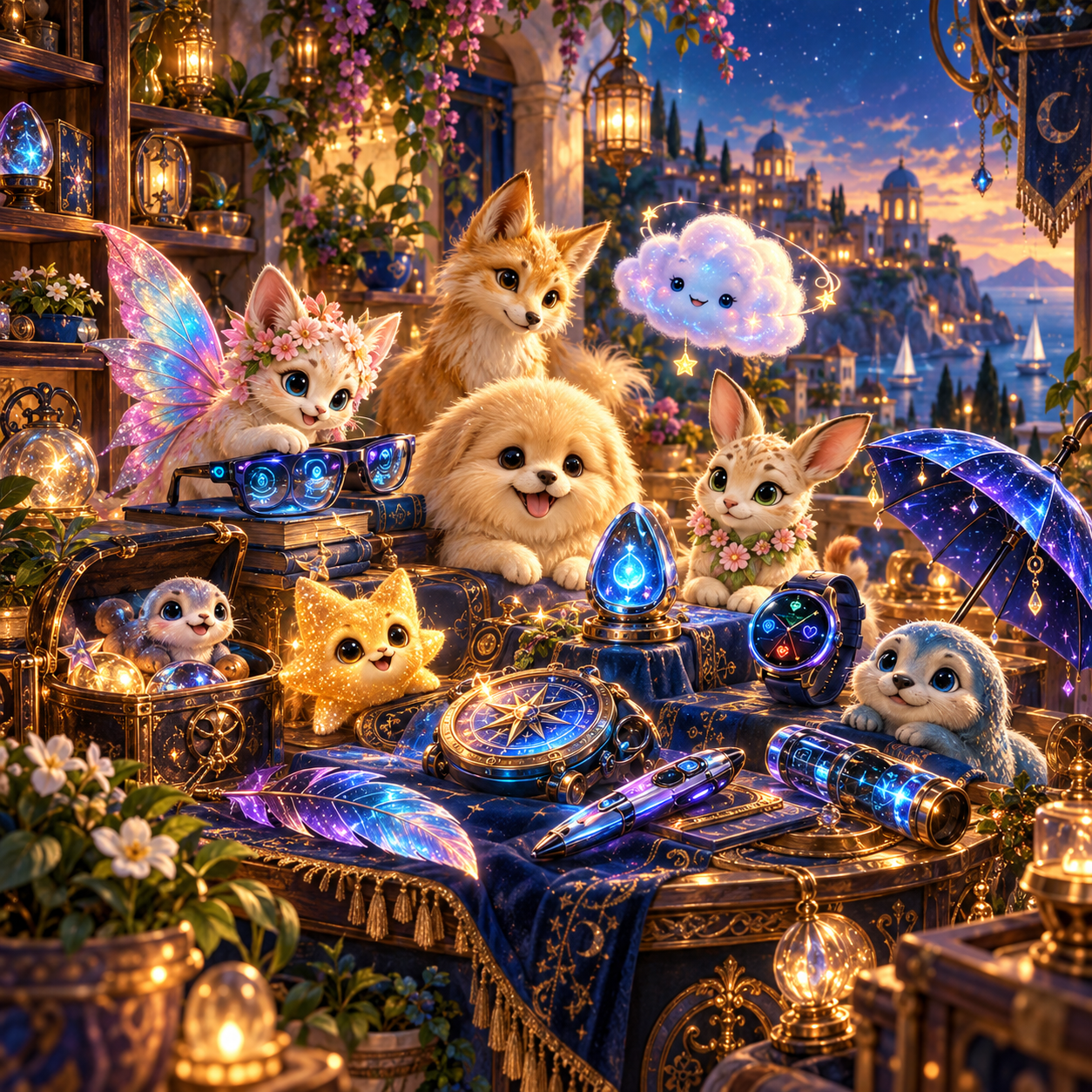 Collections et curiosités de CalimaSphere, scène illustrée réunissant objets lumineux, accessoires futuristes et animaux merveilleux dans une ambiance méditerranéenne nocturne.