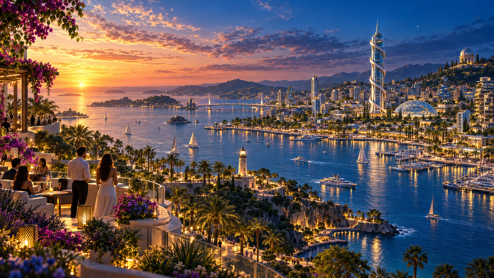 Vue panoramique de Bahía Clara au coucher du soleil, depuis un autre angle, avec baie, port, ville futuriste, Tour Voltis et promenade méditerranéenne.